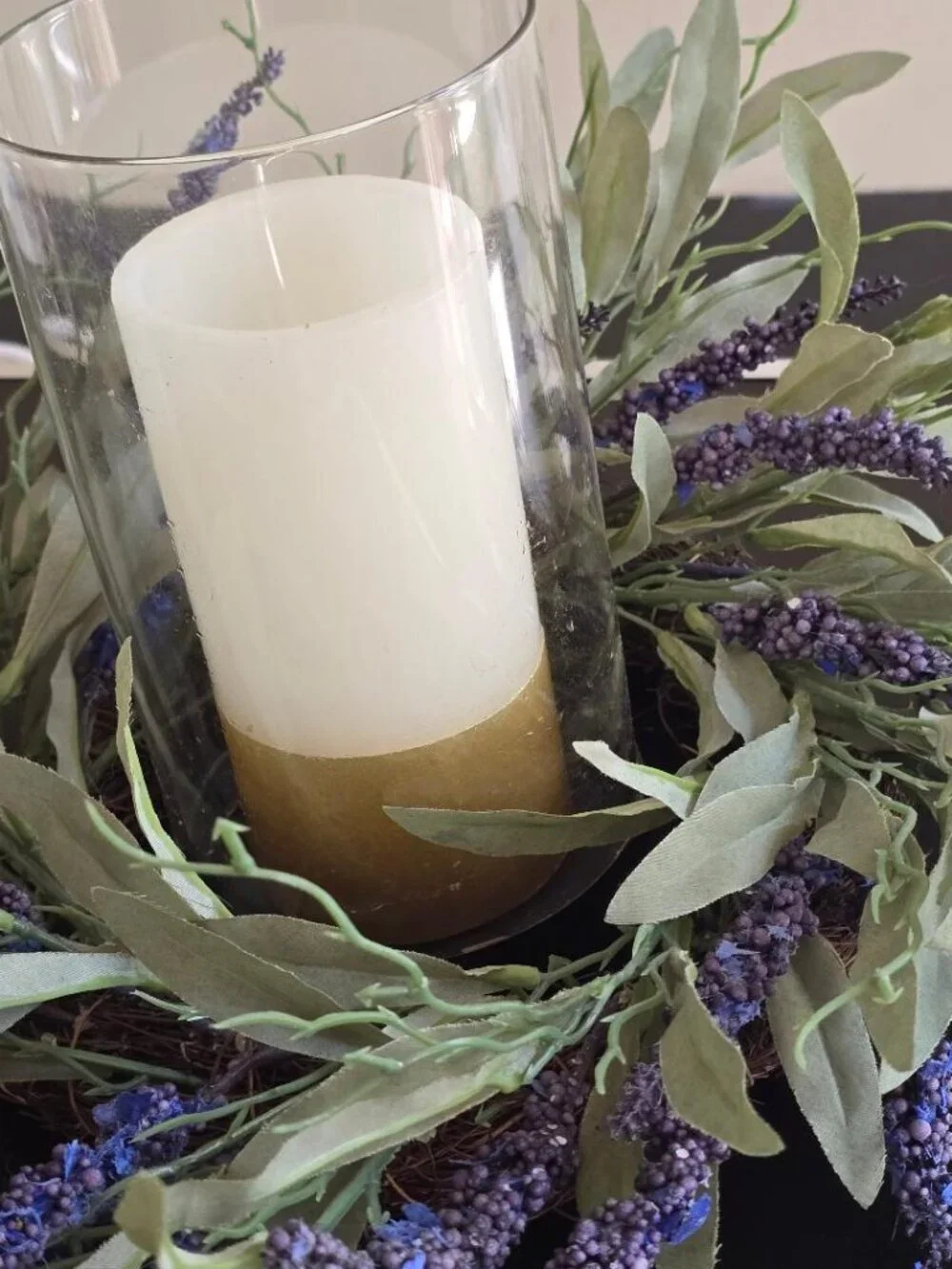 Lavender and Herb Table Ring Centerpiece with glass and battery-operated candle